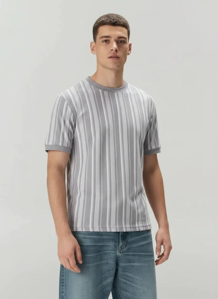Men Lilac Striped Round Neck T-shirt