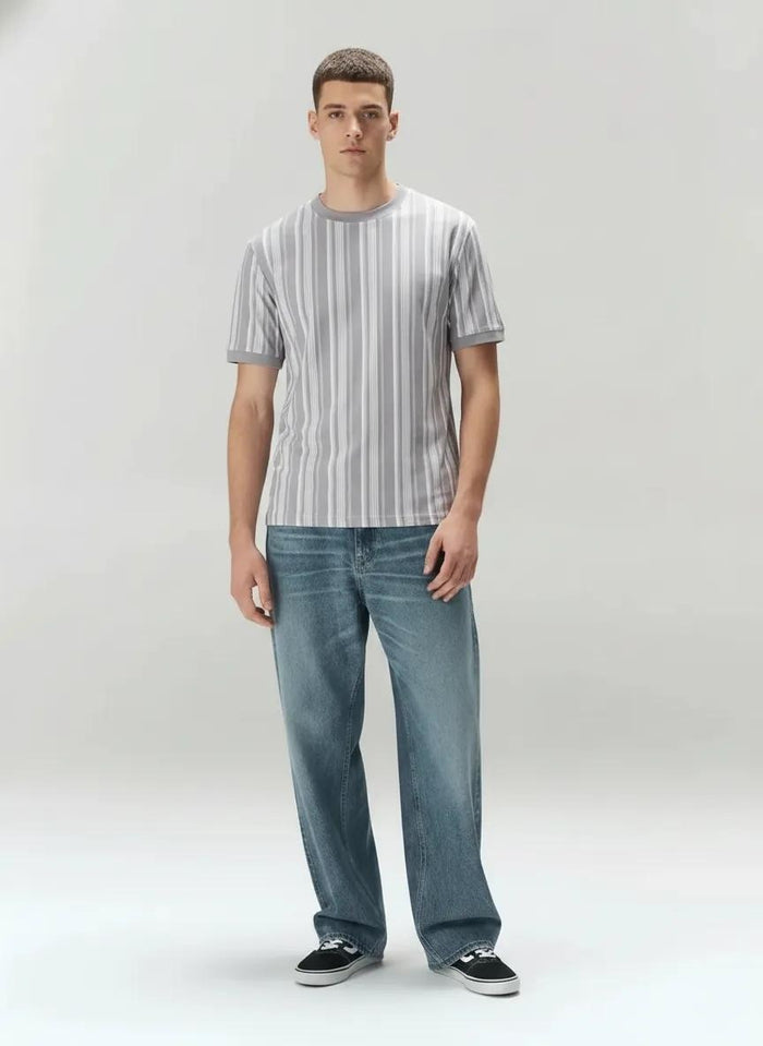Men Lilac Striped Round Neck T-shirt