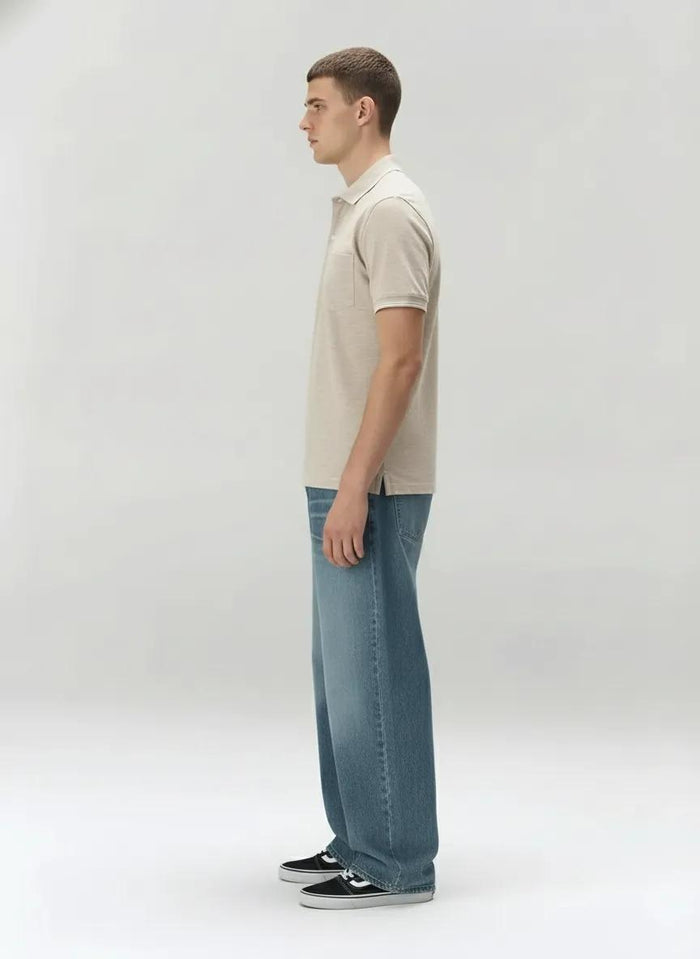 Men Linen Melange Polo Collar Pockets T-shirt