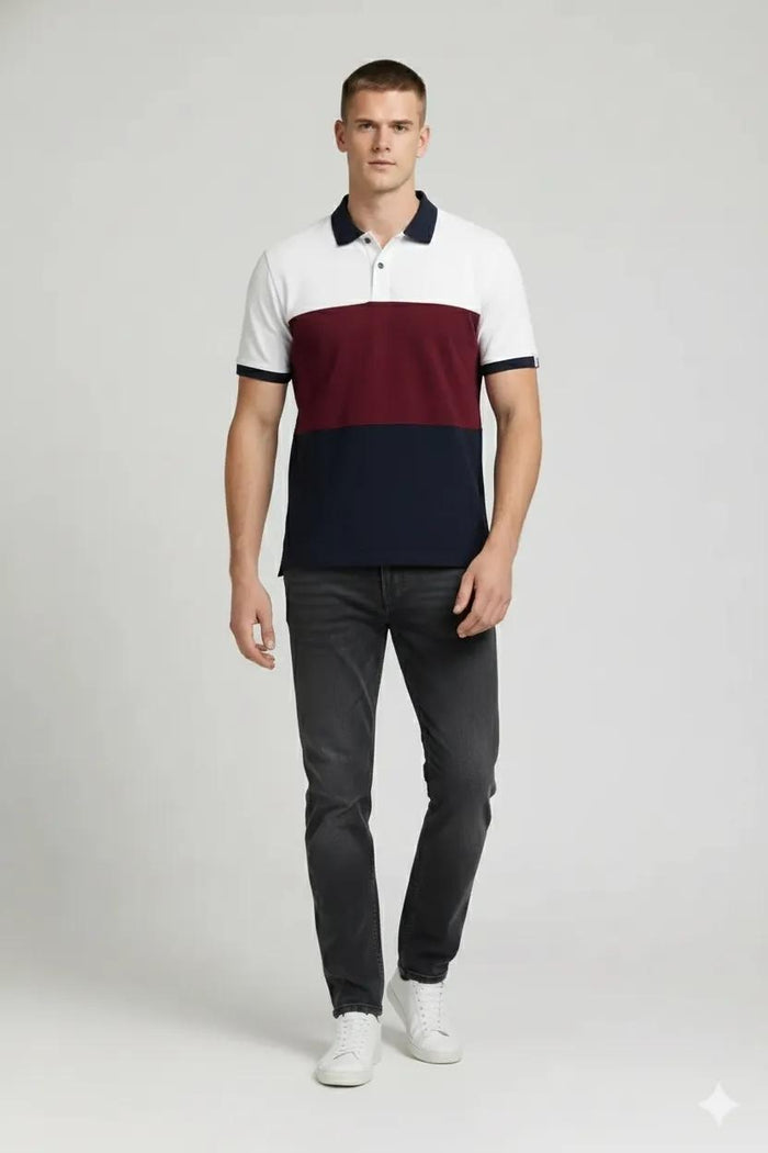 Men Merlot Colourblocked Polo Collar T-shirt