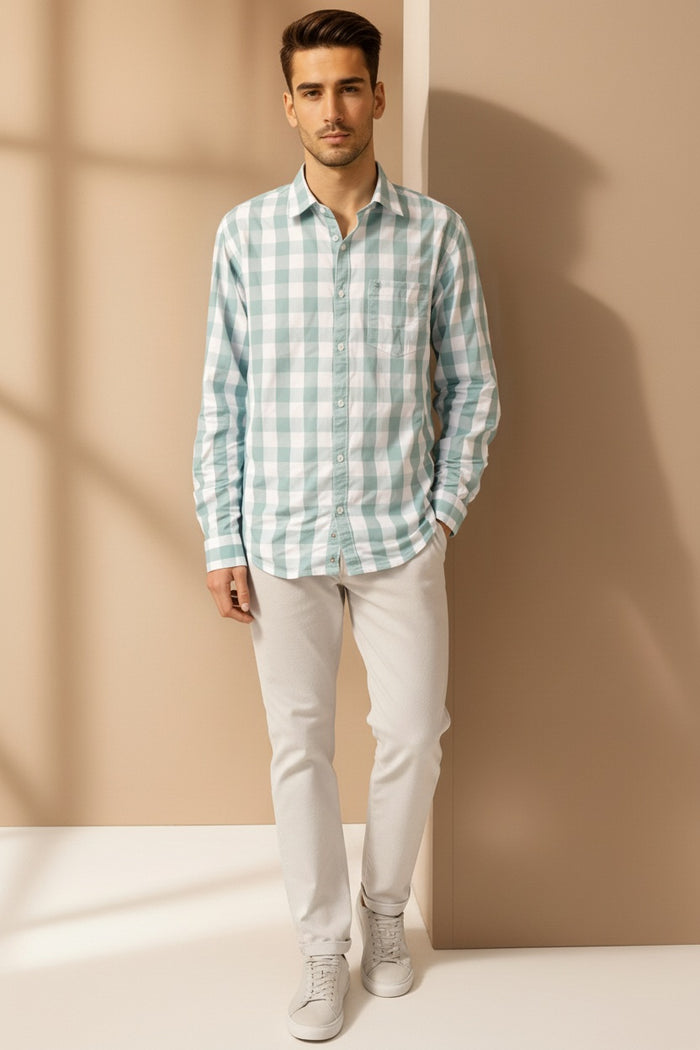 Men Mint Checked Polo Neck Casual Shirt
