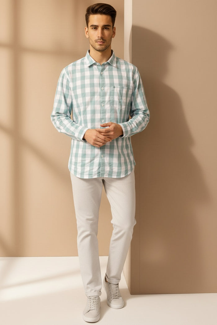 Men Mint Checked Polo Neck Casual Shirt