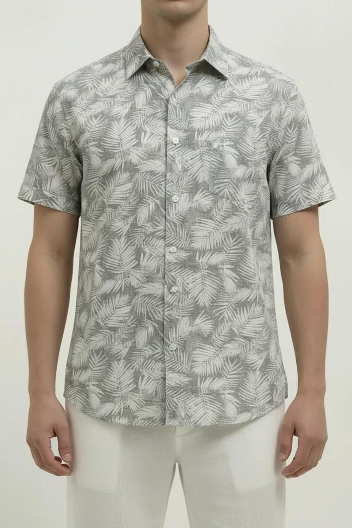 Men Mint Floral Printed Spread Collar Cotton Casual Shirt