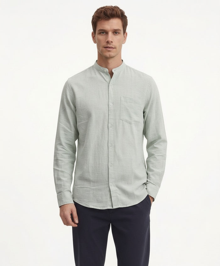 Men Mint Solid Mandarin Neck Casual Shirt