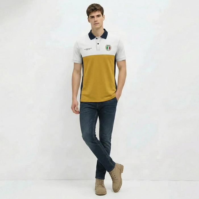 Men Mustard Brand Logo Colourblocked Polo Collar T-shirt