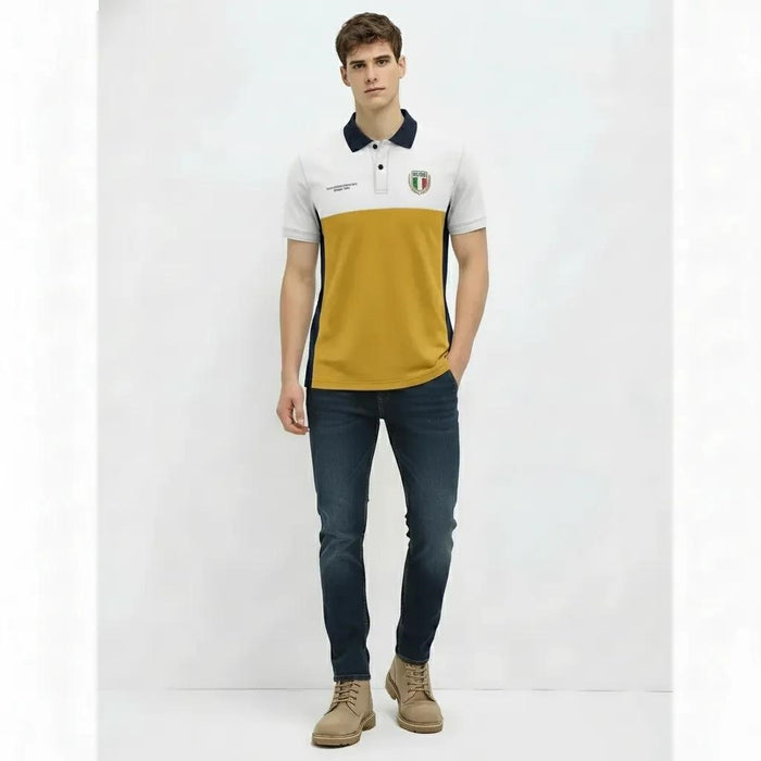 Men Mustard Brand Logo Colourblocked Polo Collar T-shirt