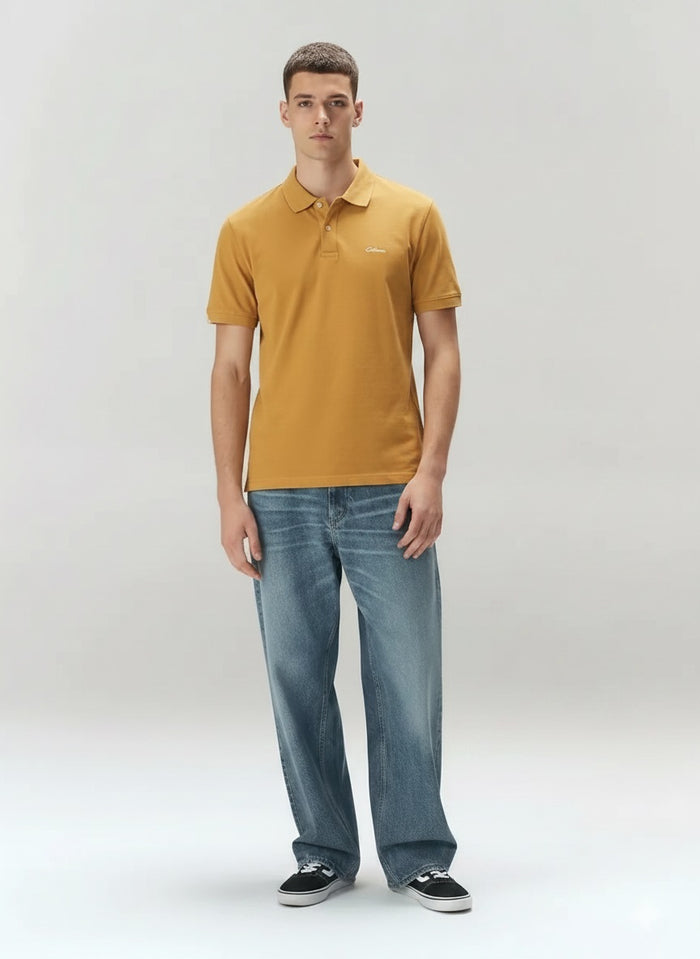 Men Mustard Brand Logo Polo Collar T-shirt