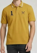Men Mustard Printed Polo Collar Pockets T-shirt