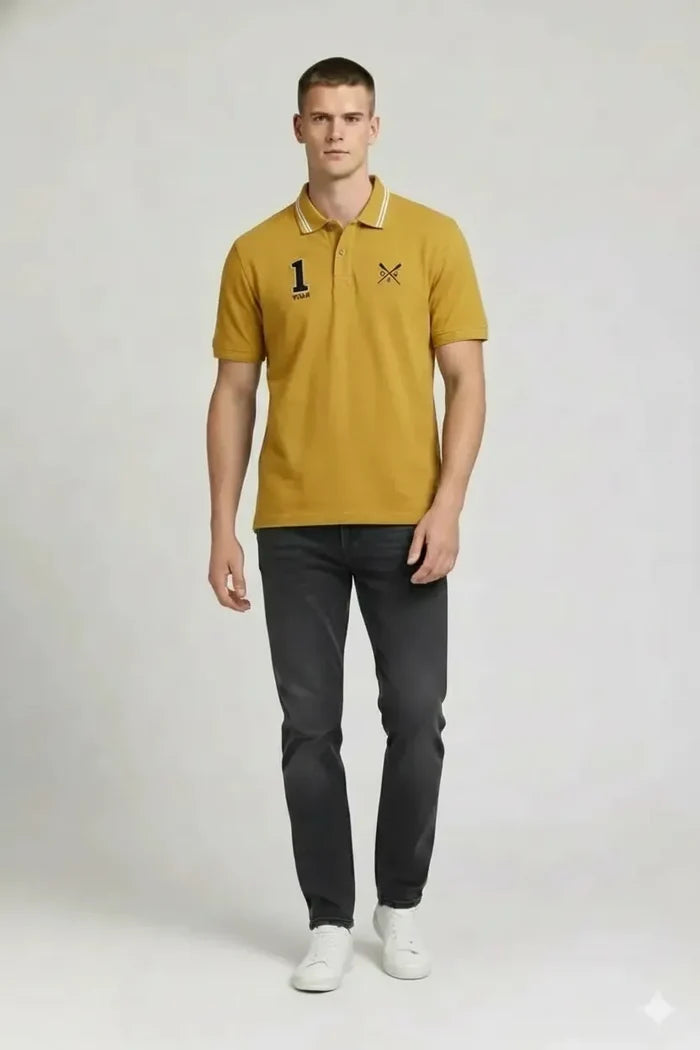 Men Mustard Printed Polo Collar Pockets T-shirt