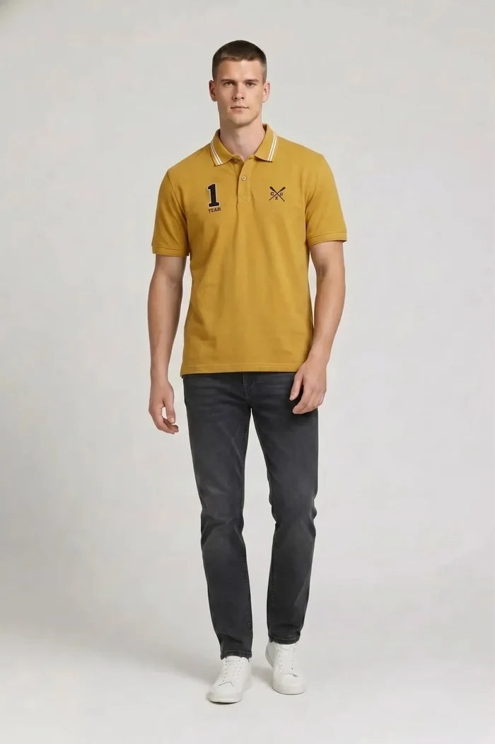 Men Mustard Printed Polo Collar Pockets T-shirt