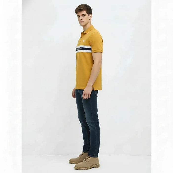 Men Mustard Striped Polo Collar T-shirt