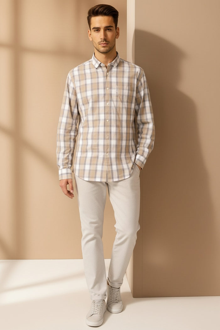 Men Natural Checked Polo Neck Casual Shirt