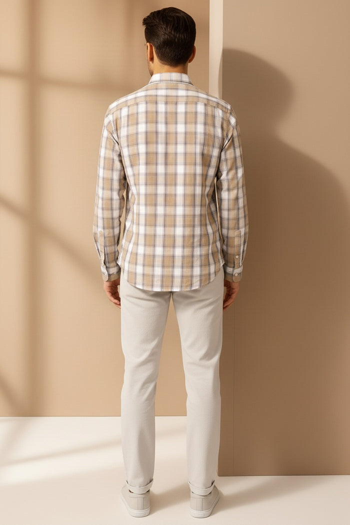 Men Natural Checked Polo Neck Casual Shirt