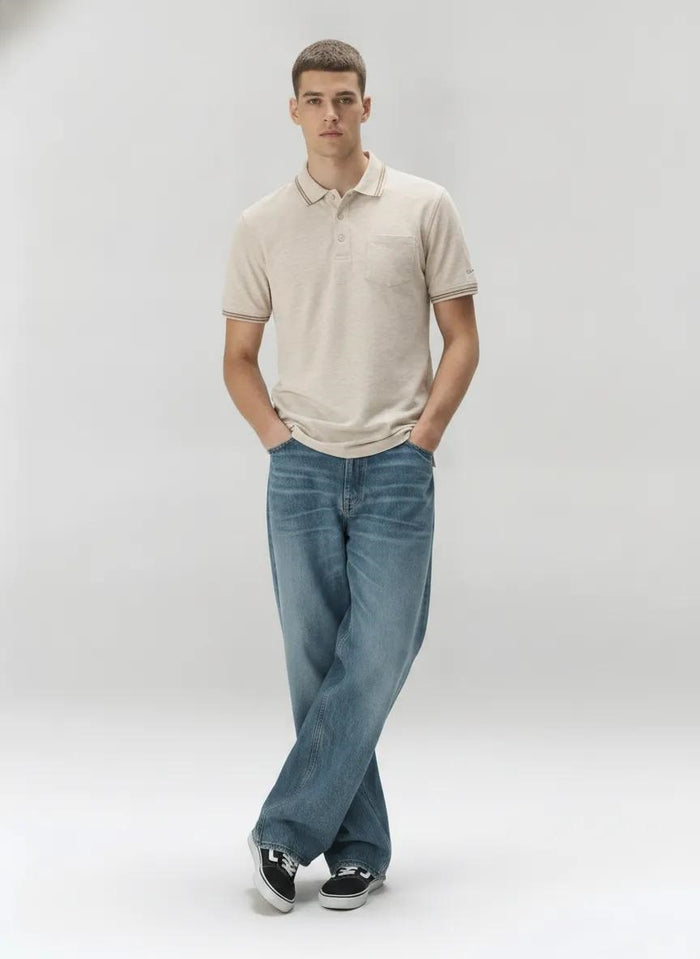 Men Natural Melange Polo Collar Pockets T-shirt