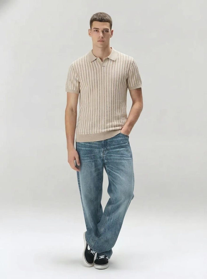 Men Natural Melange Striped Polo Collar T-shirt