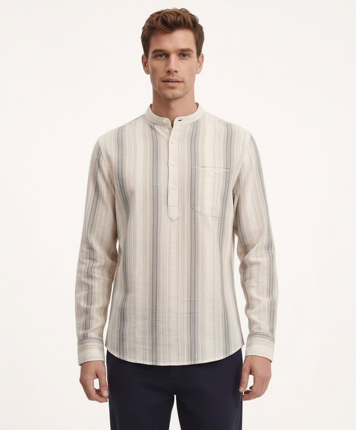 Men Natural Multi Stripes Mandrin Neck  Casual Shirt