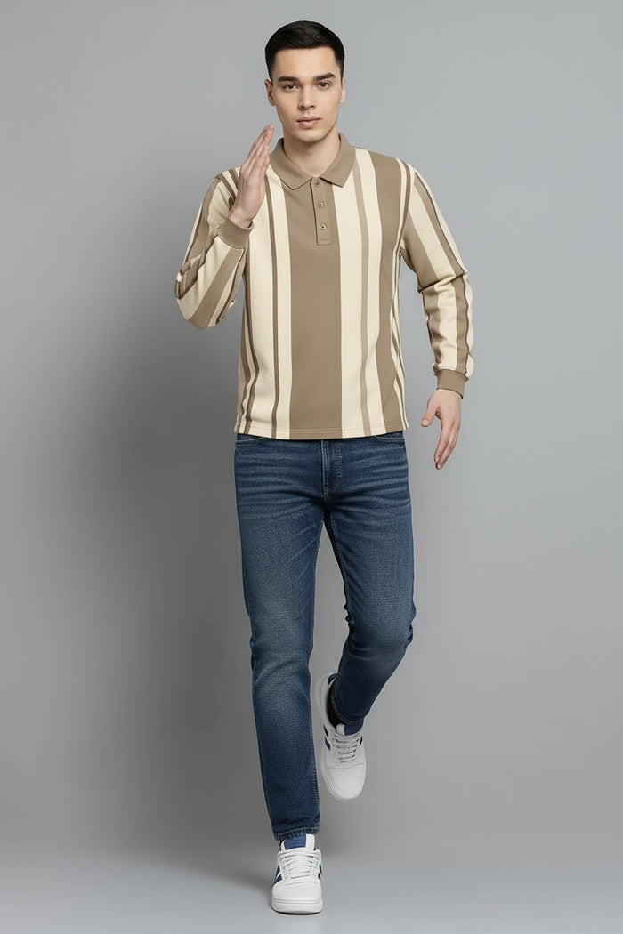 Men Natural Striped Polo Collar T-shirt