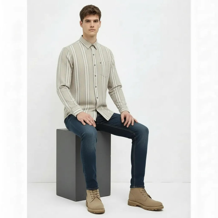 Men Natural Striped Polo Neck Shirt