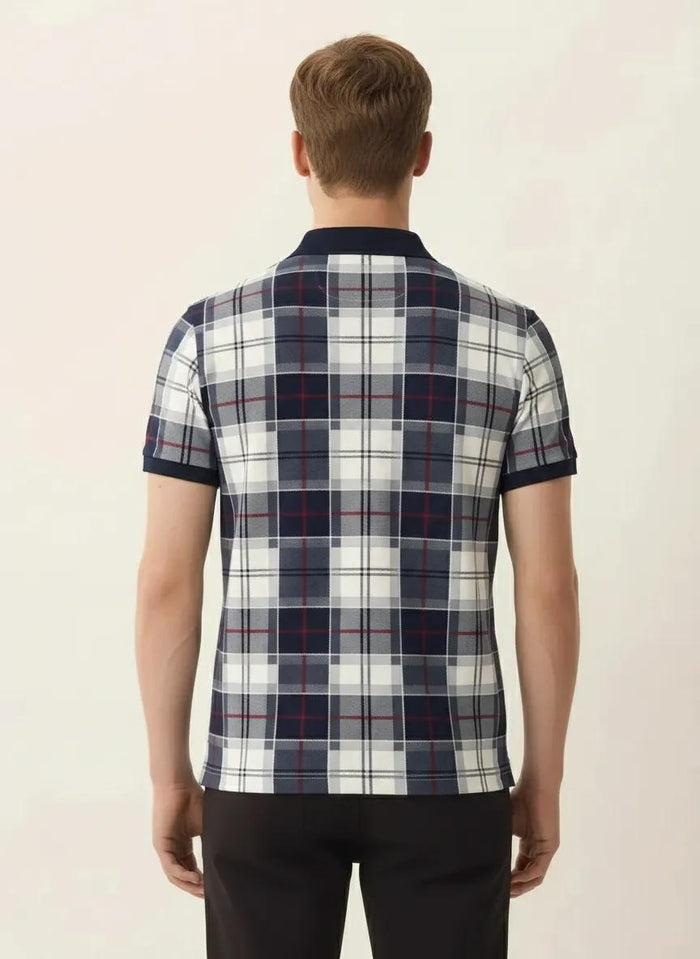 Men Navy Checked  Polo  Neck  T-Shirt