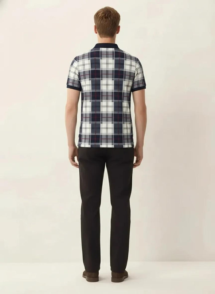 Men Navy Checked  Polo  Neck  T-Shirt