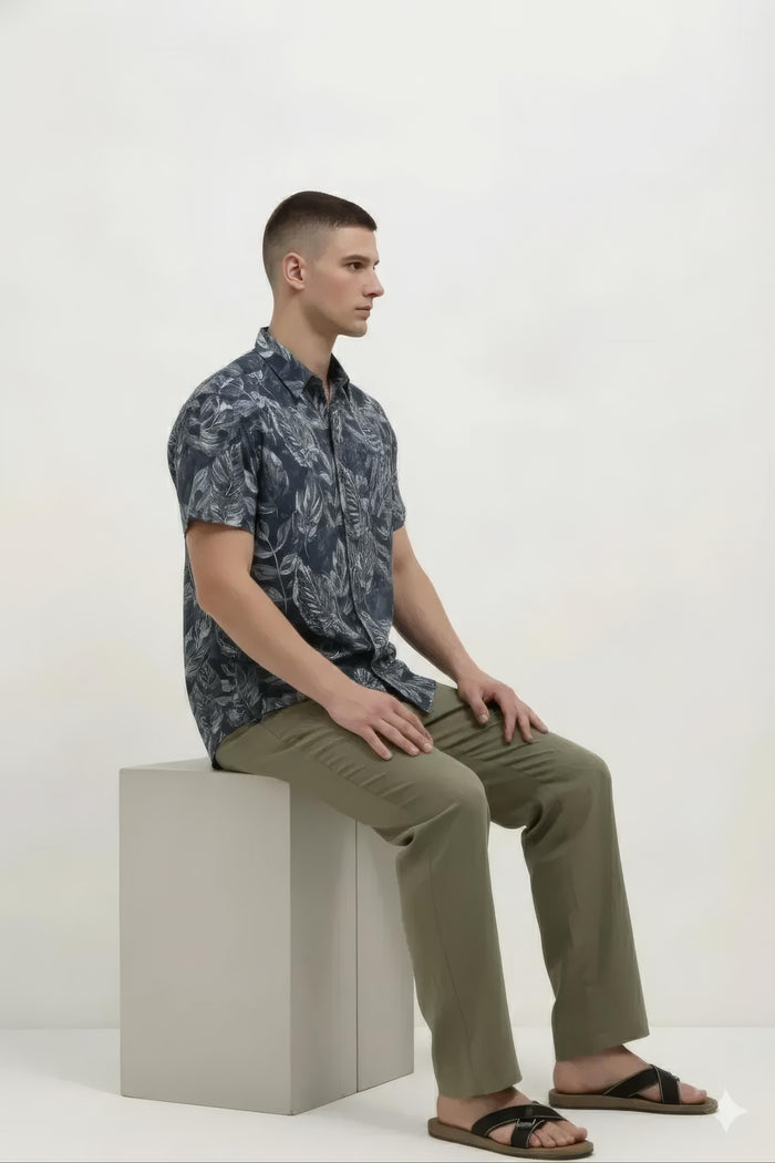 Men Navy Floral Printed Polo Collar Shirt