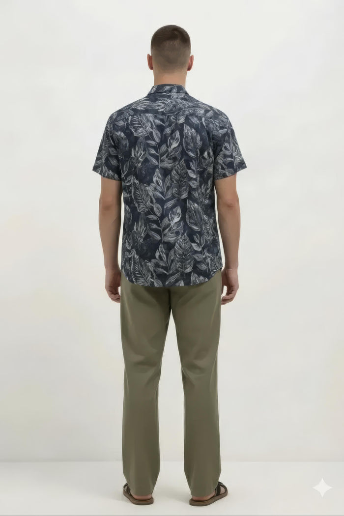 Men Navy Floral Printed Polo Collar Shirt