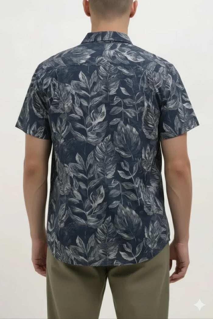 Men Navy Floral Printed Polo Collar Shirt