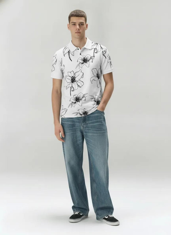 Men Navy Floral Printed Polo Collar T-shirt