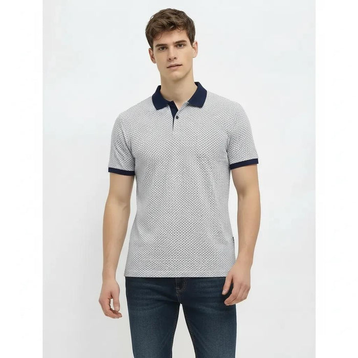 Men Navy Polo Collar Self Design T-shirt