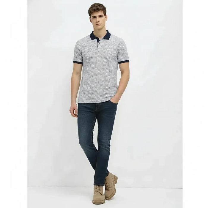 Men Navy Polo Collar Self Design T-shirt