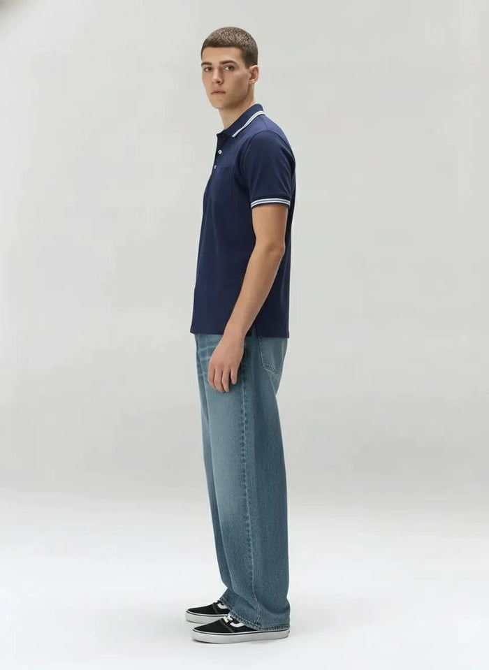 Men Navy Polo Collar Solid T-shirt