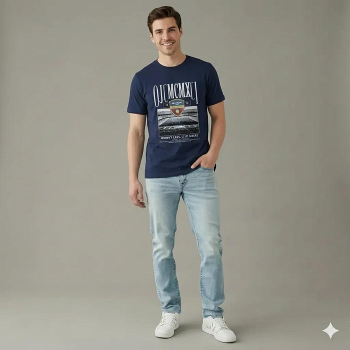 Men Navy Round Neck Printed T-shirt