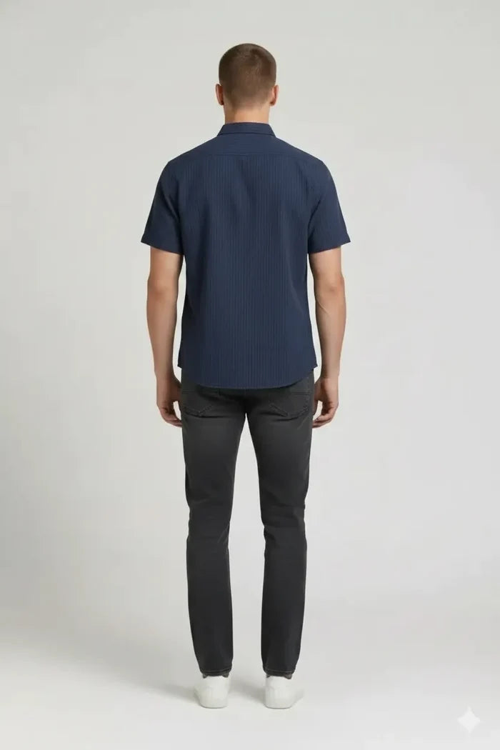 Men Navy Striped Casual Shirt