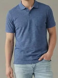 Men Navy Striped Polo Collar Pockets T-shirt