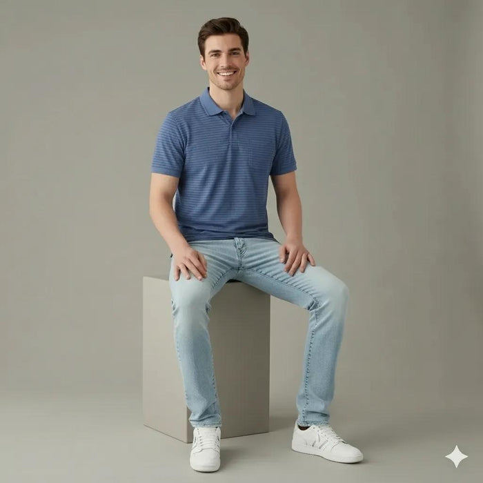 Men Navy Striped Polo Collar Pockets T-shirt