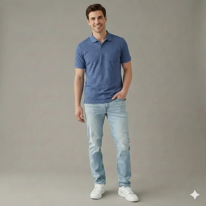 Men Navy Striped Polo Collar Pockets T-shirt