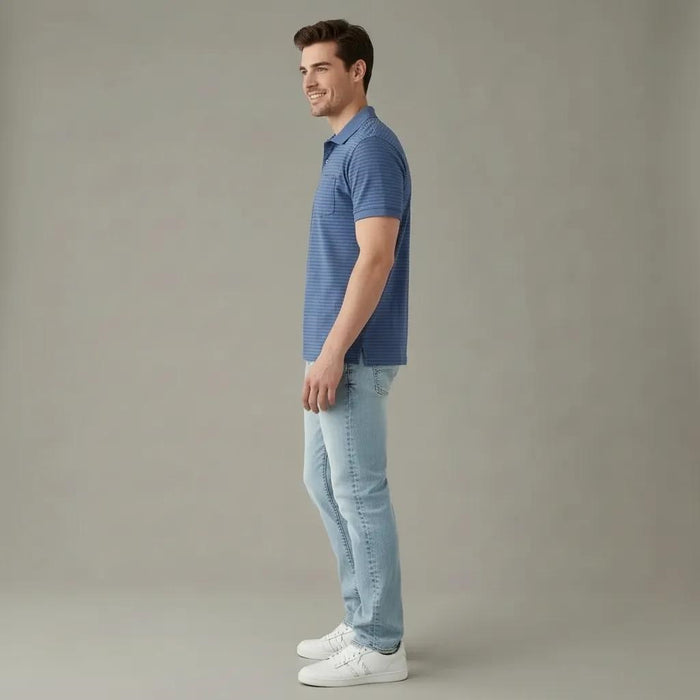 Men Navy Striped Polo Collar Pockets T-shirt