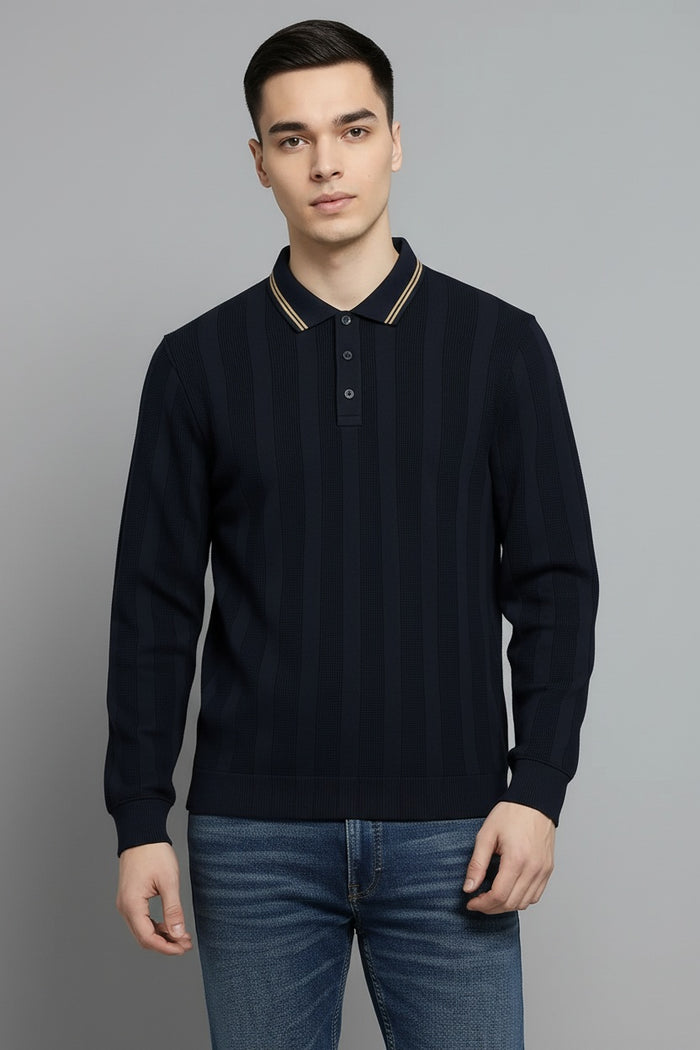Men Navy Striped Polo Collar T-shirt