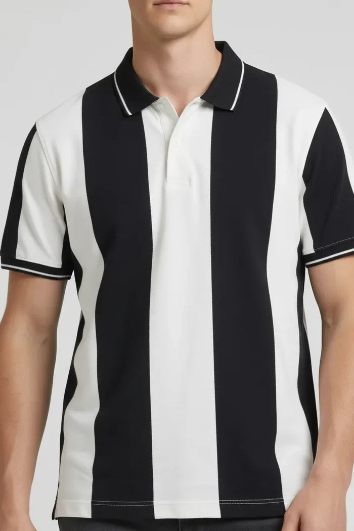 Men Navy Striped Polo Collar T-shirt