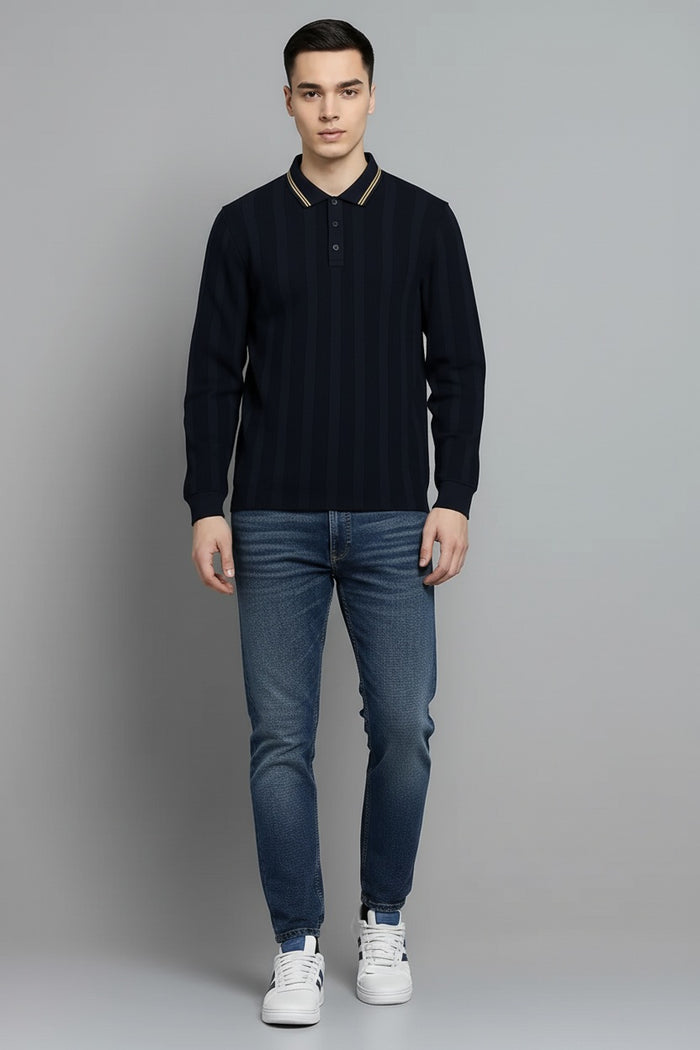 Men Navy Striped Polo Collar T-shirt
