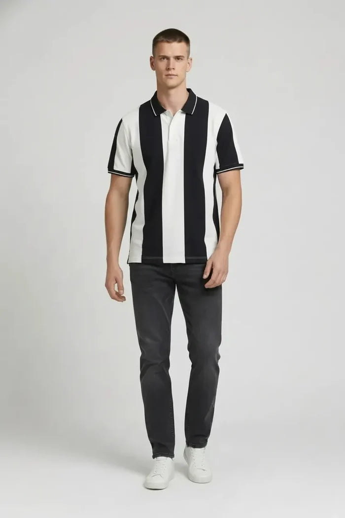 Men Navy Striped Polo Collar T-shirt