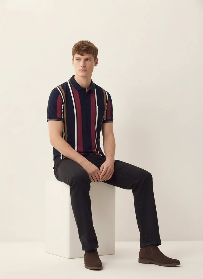 Men Navy Striped Polo Collar T-shirt