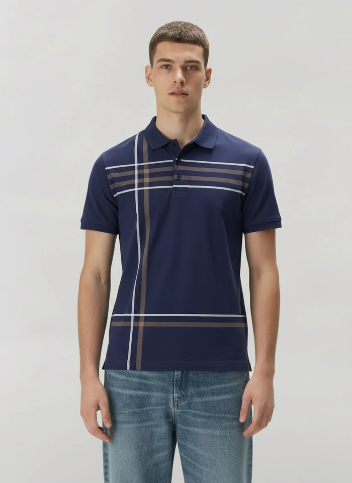 Men Navy Striped Polo Collar T-shirt