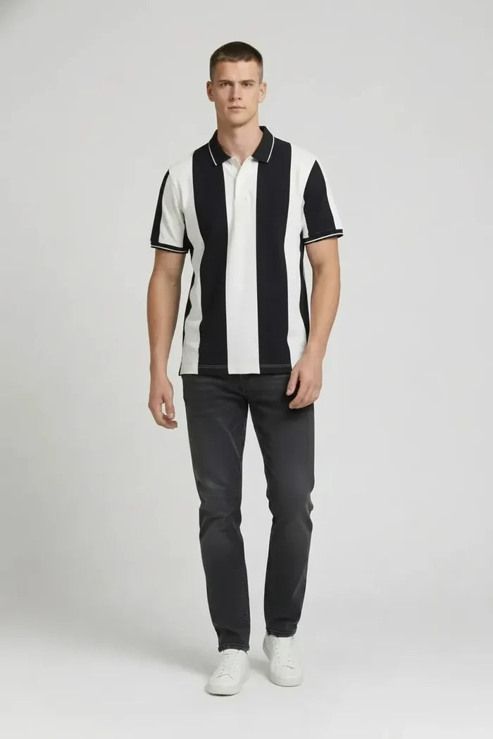 Men Navy Striped Polo Collar T-shirt