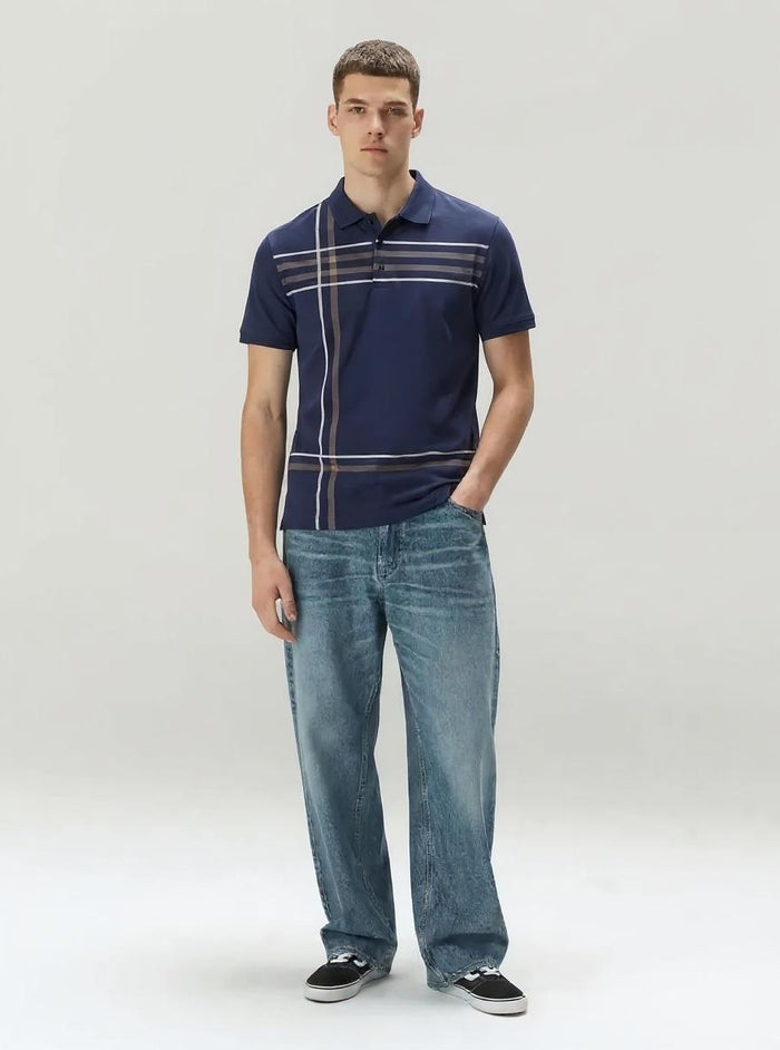 Men Navy Striped Polo Collar T-shirt