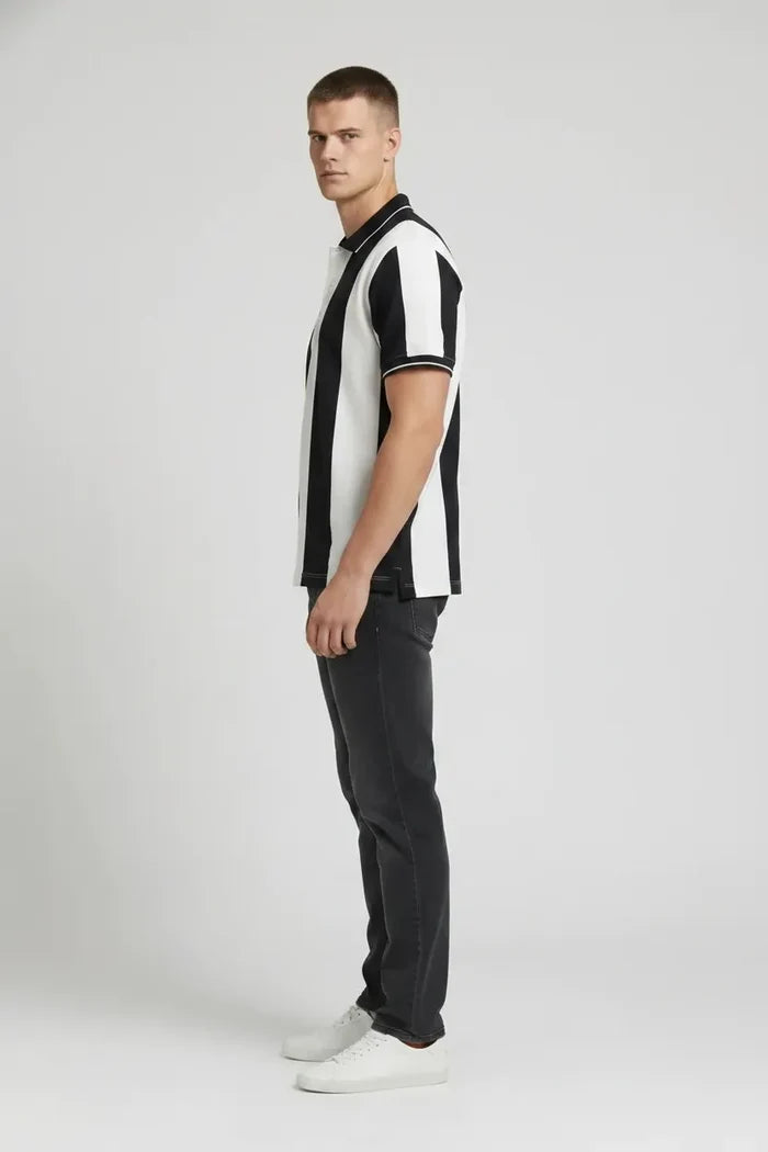 Men Navy Striped Polo Collar T-shirt