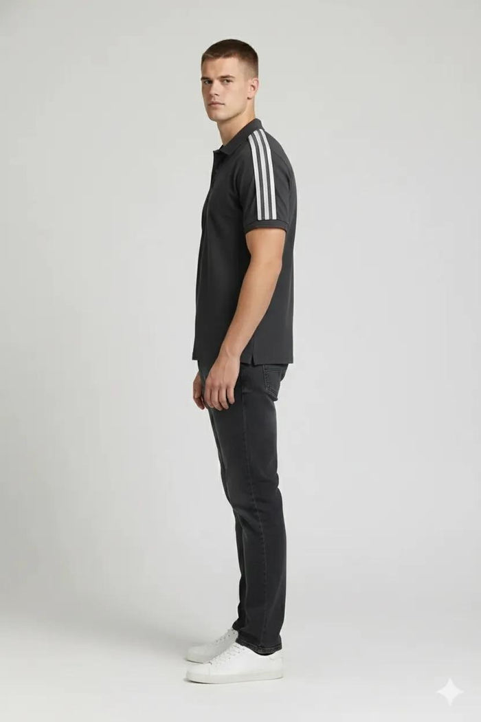 Men Navy Striped Polo Collar T-shirt
