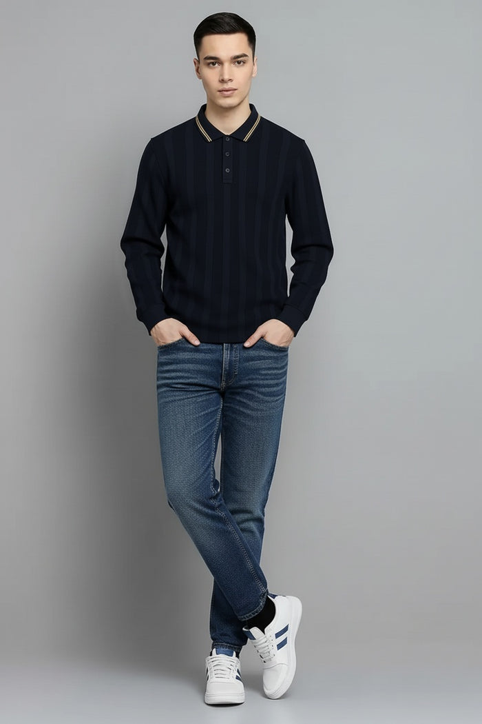 Men Navy Striped Polo Collar T-shirt