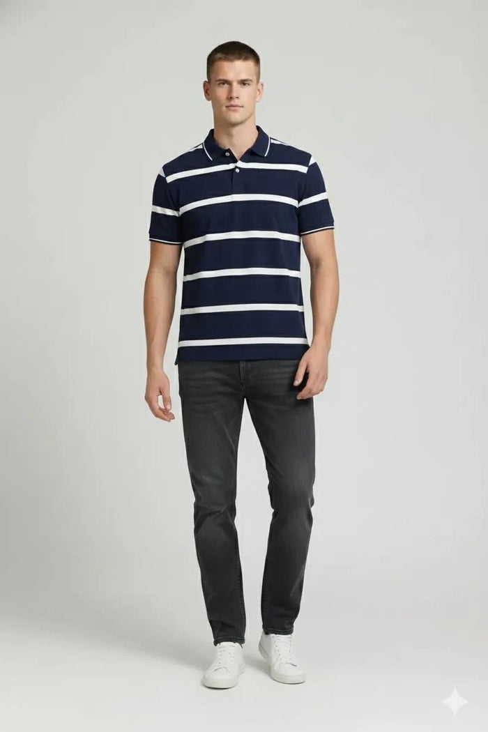 Men Navy Striped Polo Collar T-shirt