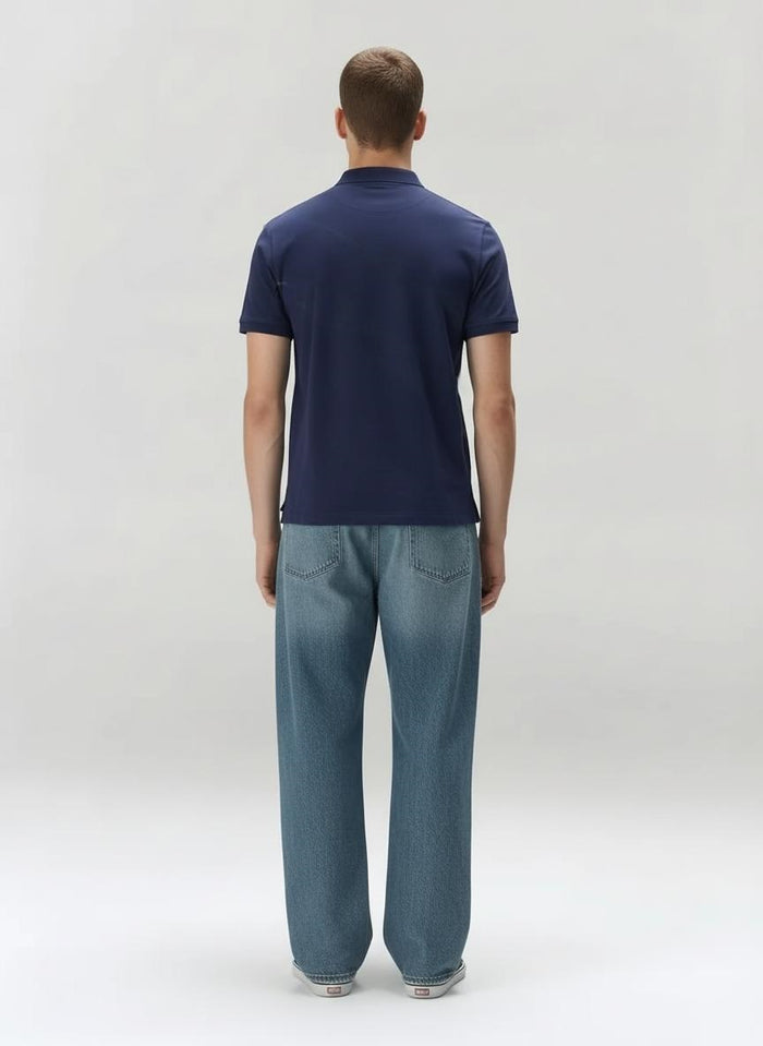 Men Navy Striped Polo Collar T-shirt